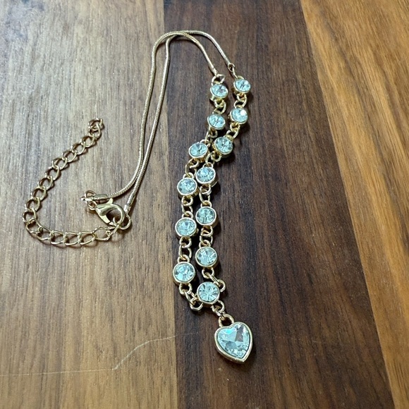 Gold Tone Clear Sparkling Rhinestone Jewel Heart Shaped Simple Pendant Necklace - Picture 1 of 7